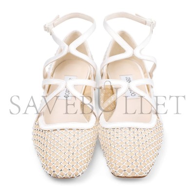 JIMMY CHOO ASTORIA FLAT WHITE CRYSTAL MESH SATIN FLATS ASTORIAFLATQHS